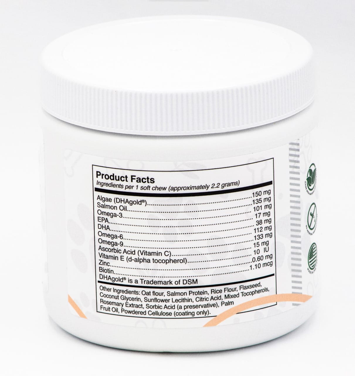 Supplement container with label showing product facts on a white background
