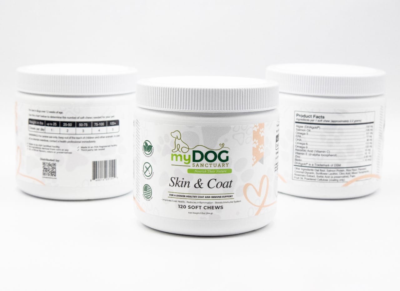 Three containers of myDOG Sanctuary Skin & Coat soft chews on a white background