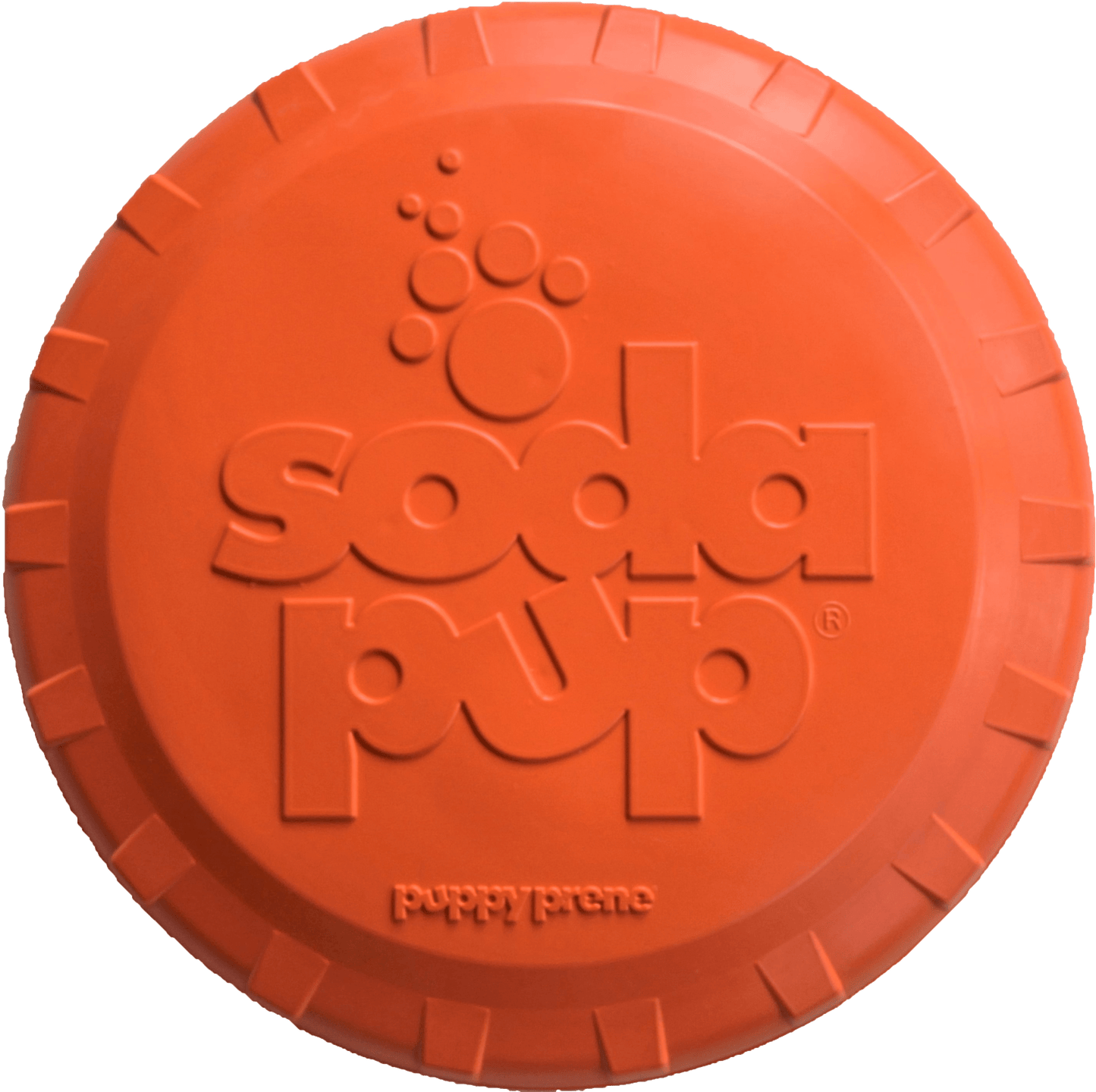 Orange frisbee with 'soda pup' branding on a white background