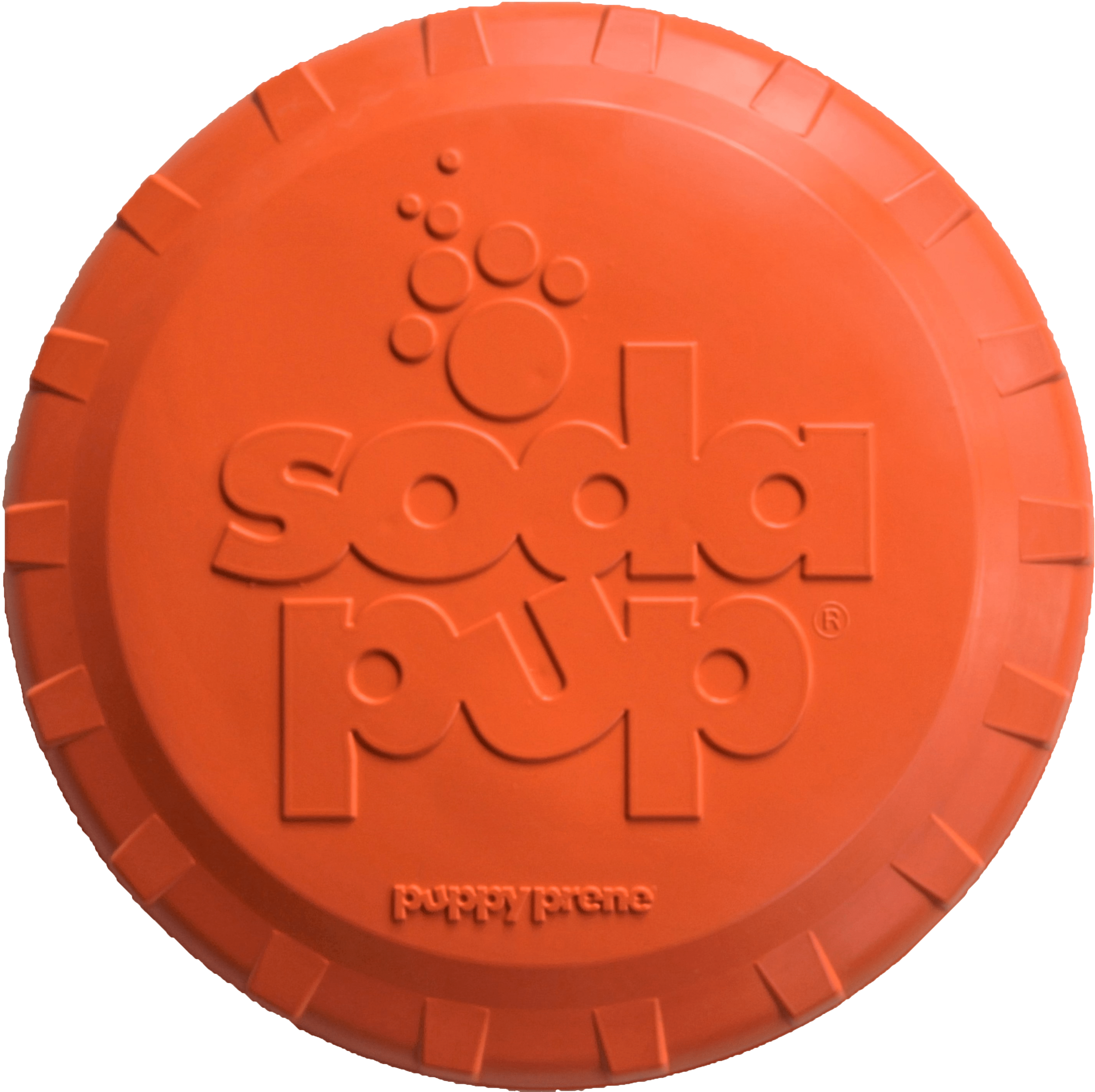 Orange frisbee with 'soda pup' branding on a white background