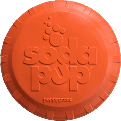 Orange frisbee with 'soda pup' branding on a white background