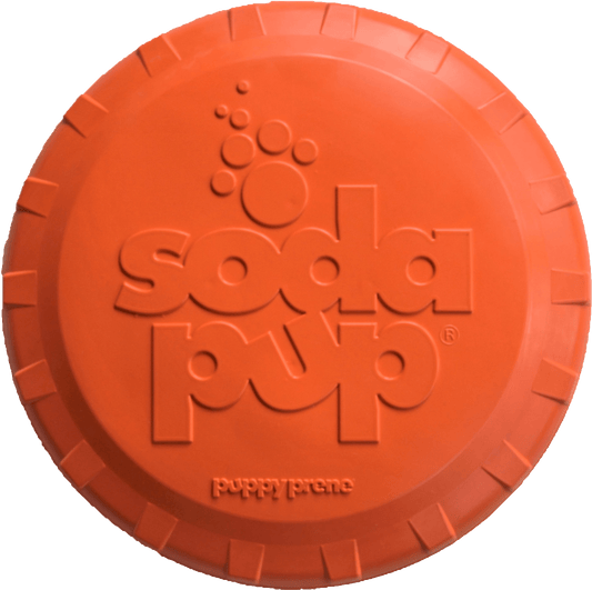 Orange frisbee with 'soda pup' branding on a white background