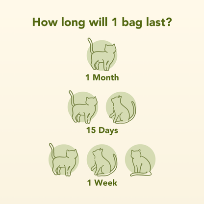 Diagram showing how long a bag of cat food will last with different icons of cats and corresponding time periods.