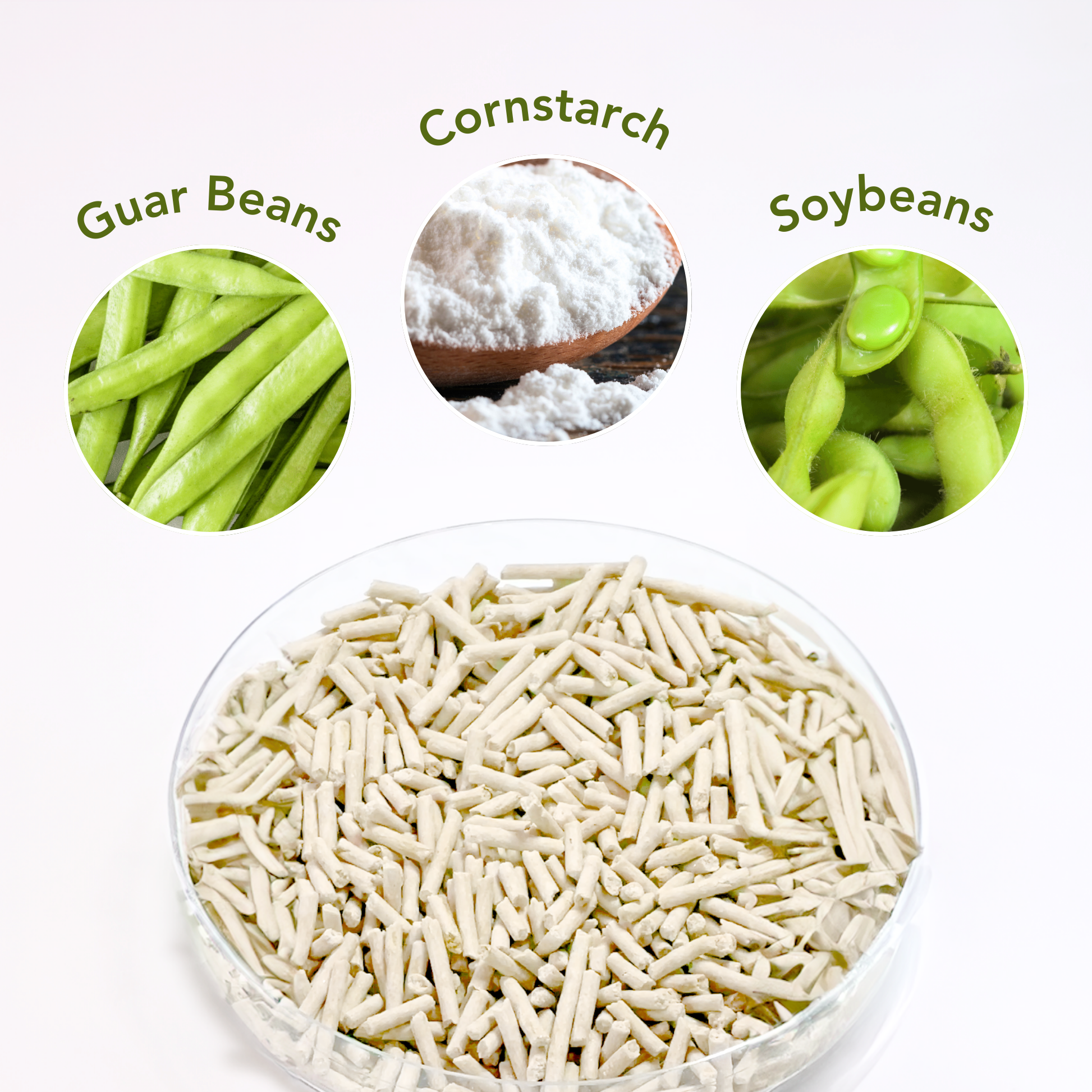 Cornstarch with images of guar beans and soybeans labeled above it on a white background.