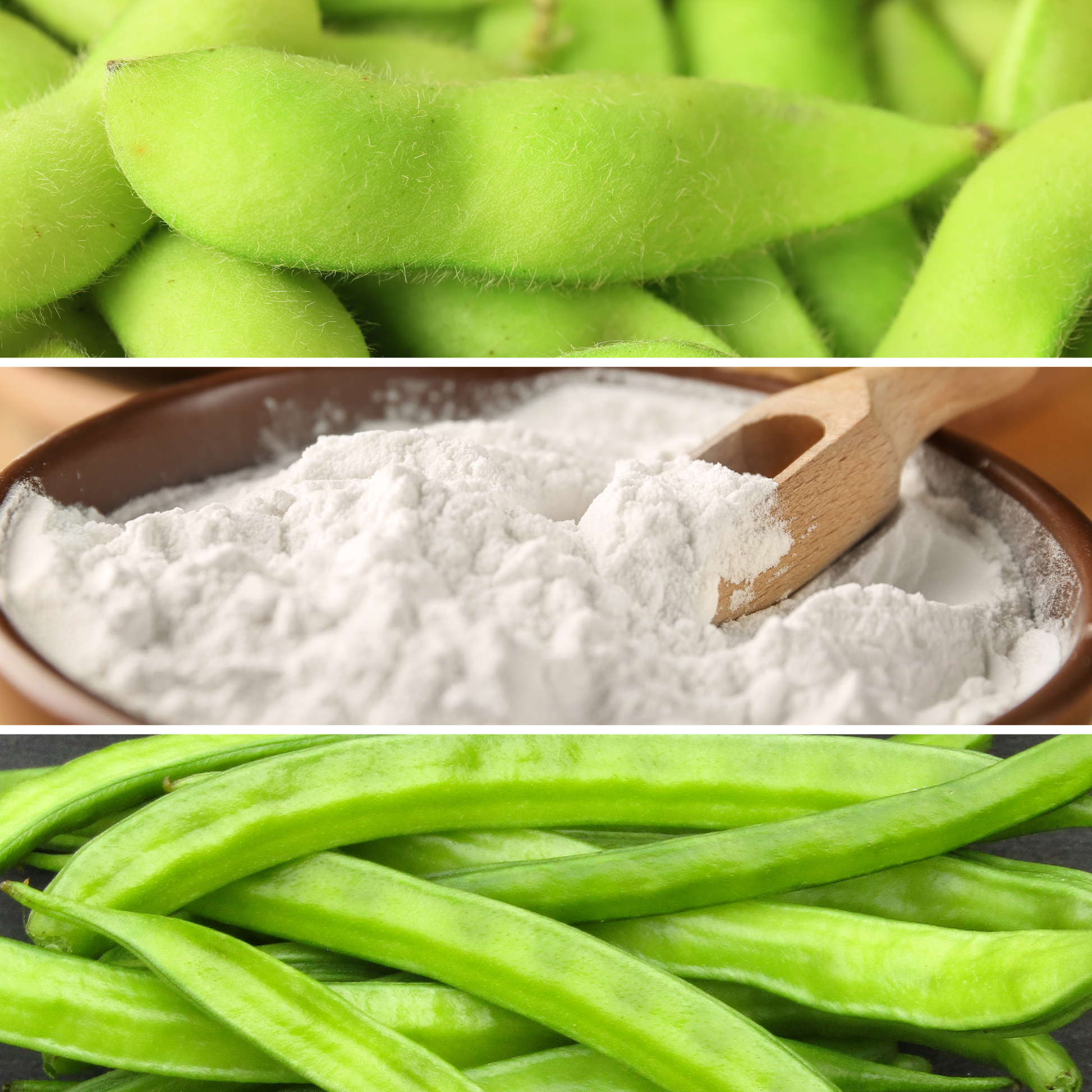 Top: Green soybeans, Middle: White powder in a bowl with a wooden spoon, Bottom: Green beans