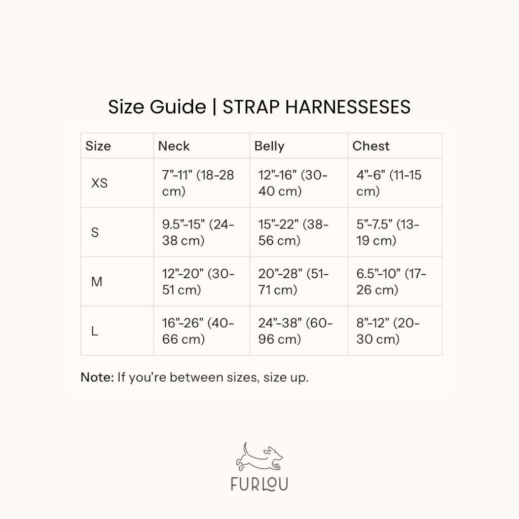 Size guide for strap harnesses with measurements in inches and centimeters, featuring the Furlou brand logo.