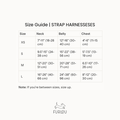 FURLOU Blue and Green Dog Harness size chart - measurements for dog harness sizing