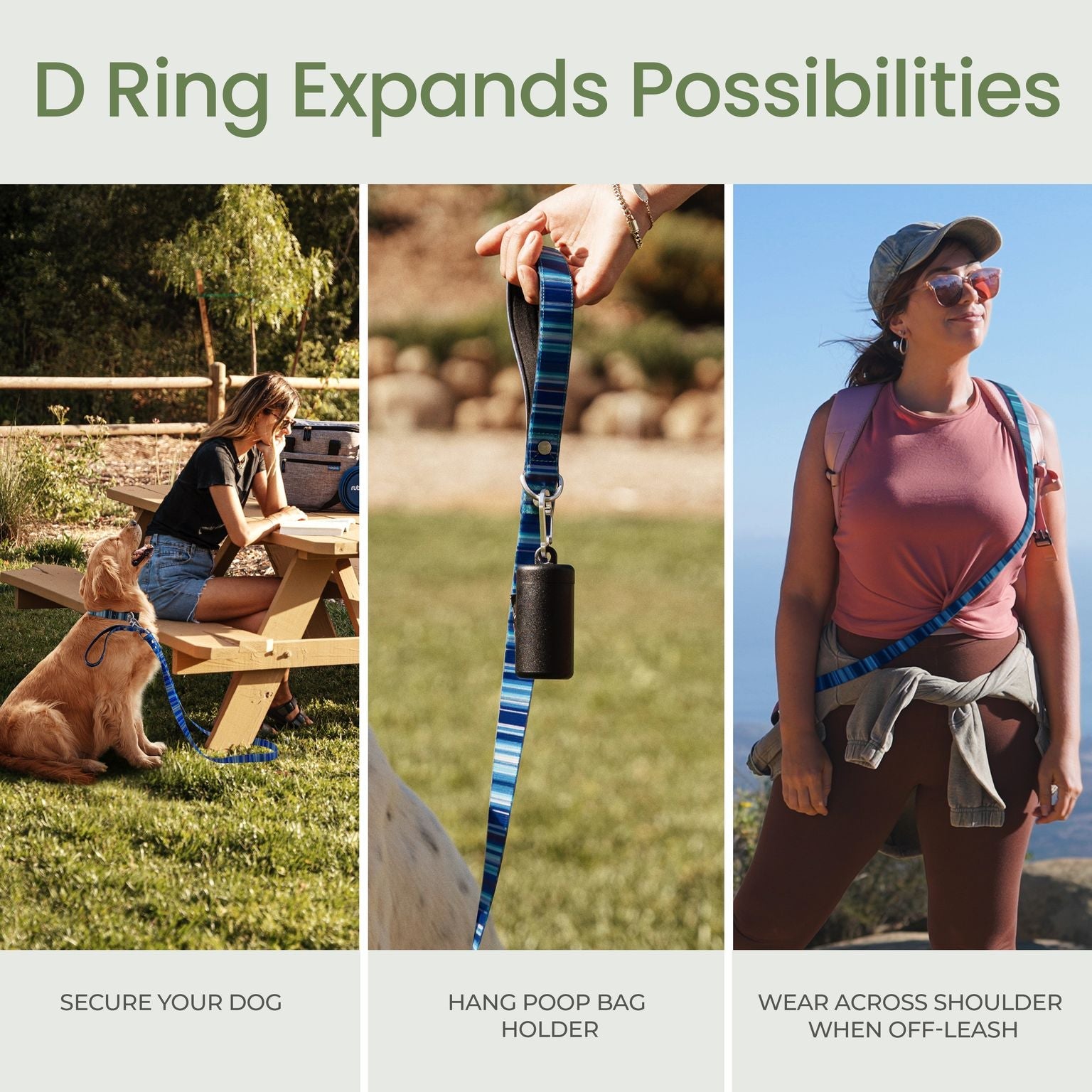 Collage of a dog leash with D ring features, including a picnic scene, poop bag holder, and person wearing the leash.
