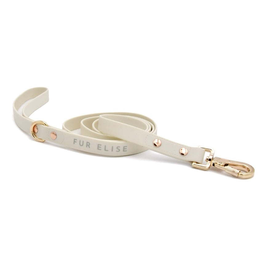 Beige dog leash with gold hardware on a white background