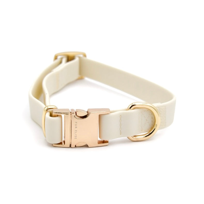 Cream-colored dog collar with gold hardware on a white background