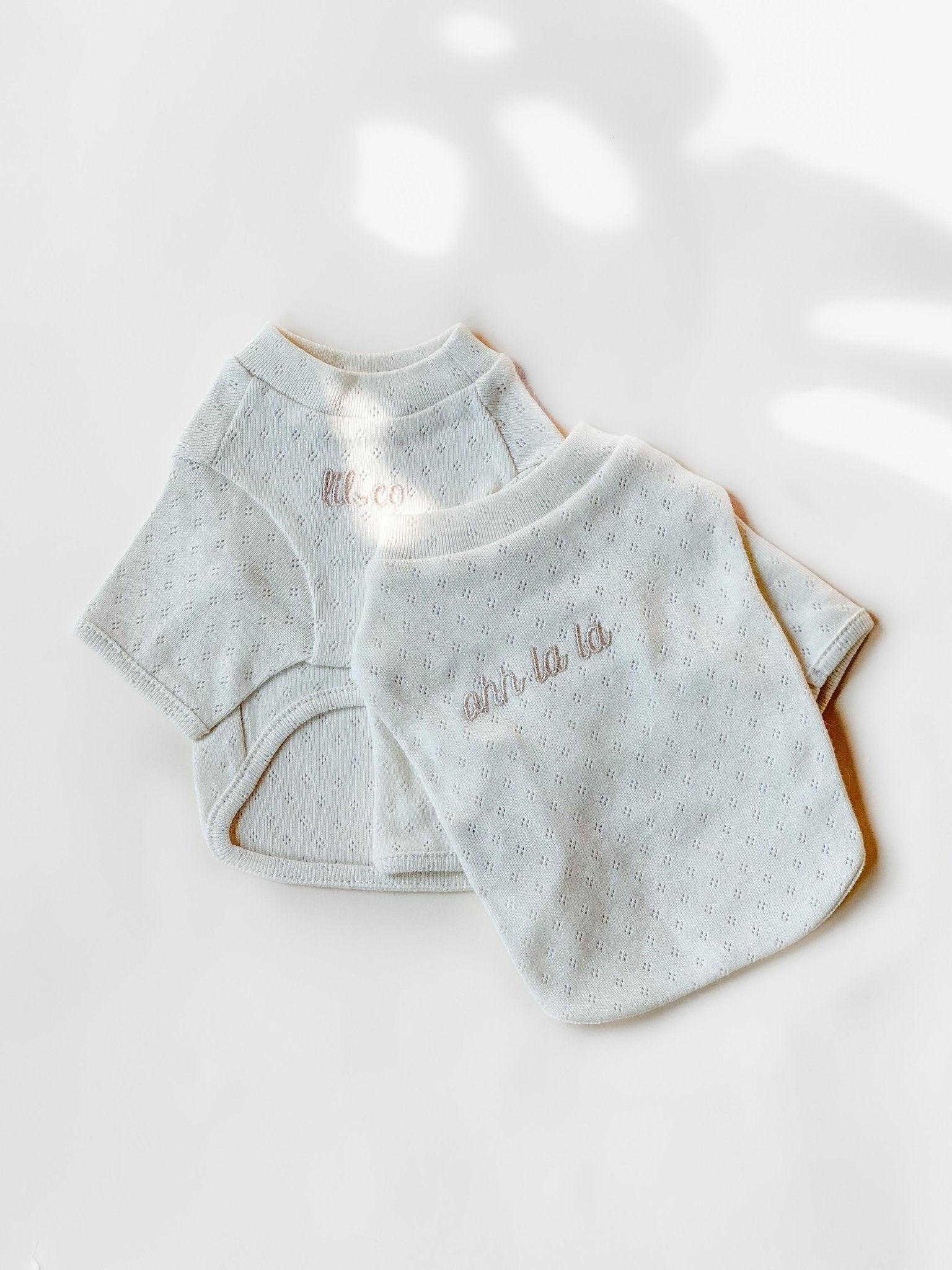 Two light gray baby bibs with embroidered text on a white background
