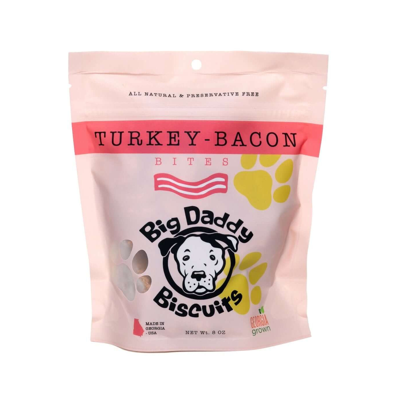 Bag of Big Daddy Biscuits Turkey Bacon treats on a white background