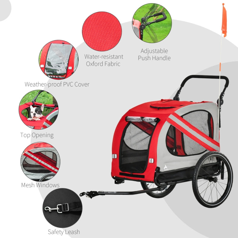 Red pet bike trailer with features highlighted on a white background