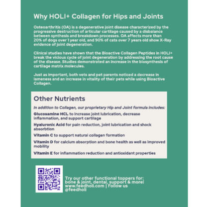 Brochure or flyer about HQL+ Collagen for Hips and Joints with text and QR code on a green background