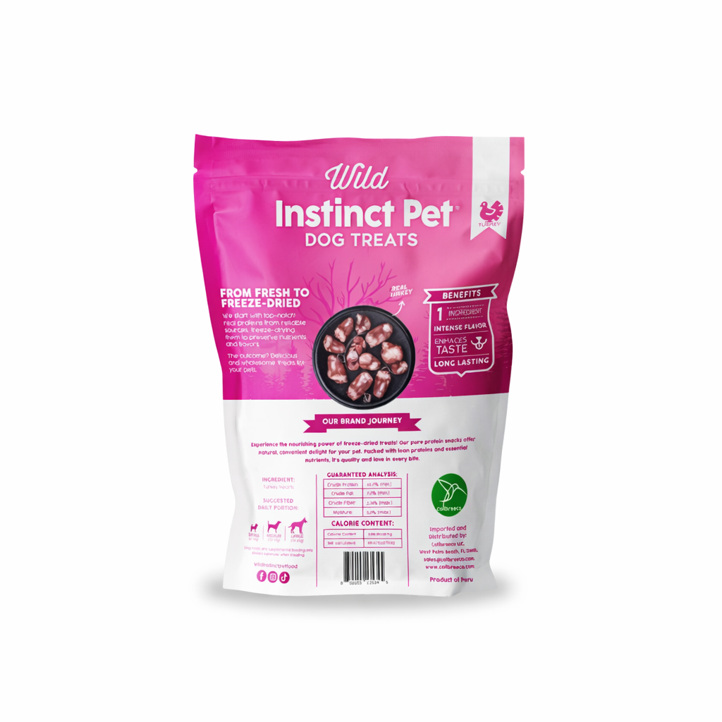 Pink and white package of Wild Instinct Pet Dog Treats on a white background