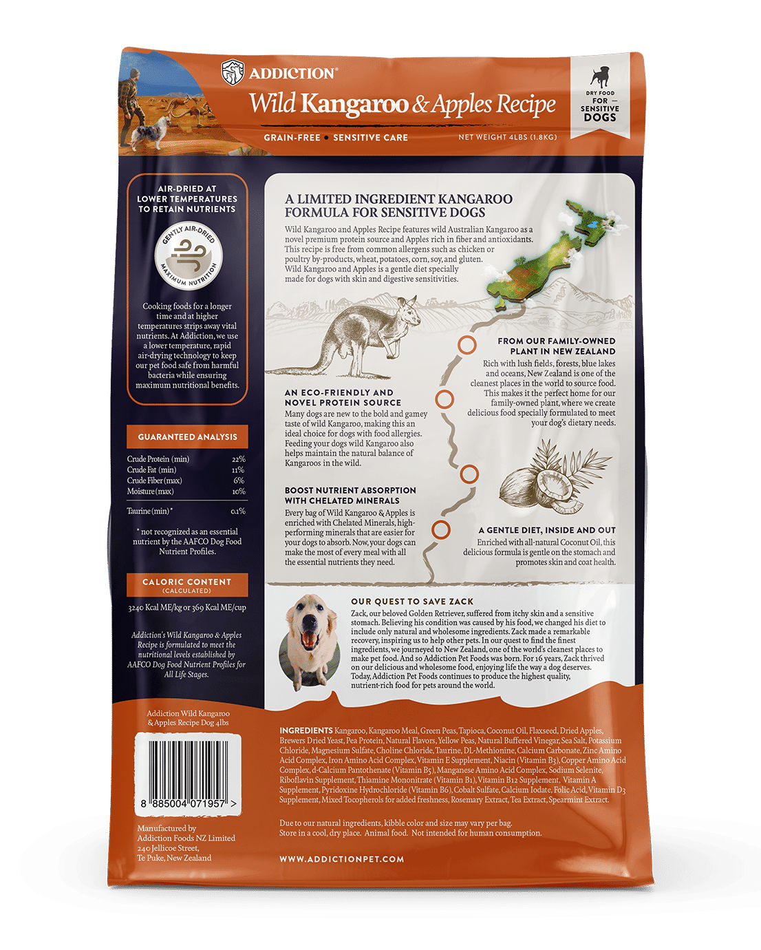 Back view of a pet food package with kangaroo and apples recipe on a dark background