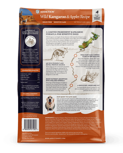 Back view of a pet food package with kangaroo and apples recipe on a dark background