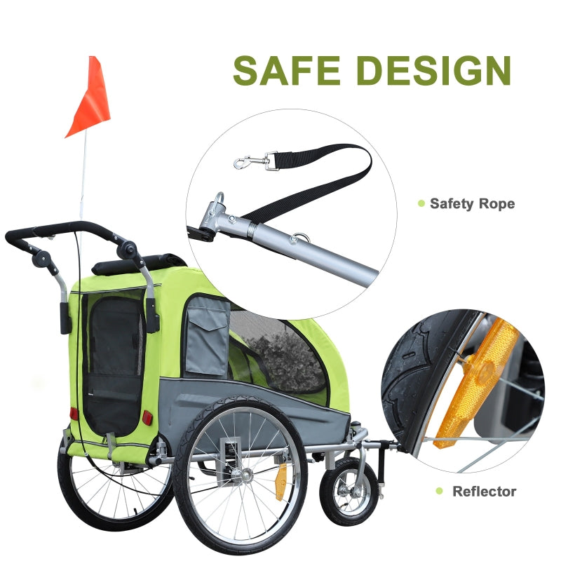 Green and gray bicycle trailer with safety features highlighted on a white background